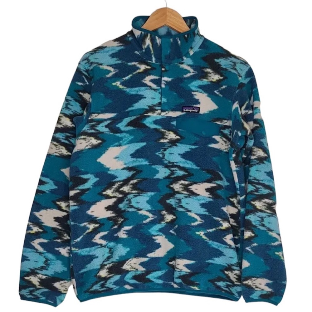Patagonia Synchilla Snap T Fleece Pullover Trout Tales Blue White Size M Womens